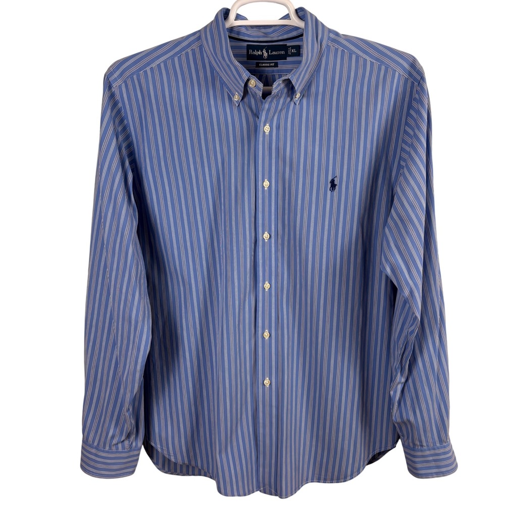 Ralph Lauren Button-Down Shirt Mens XL Blue Striped Classic Fit Long-Sleeve Pony